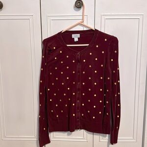 Preloved Maroon/Burgundy Old Navy Cardigan with Gold Polka Dot Design, Medium